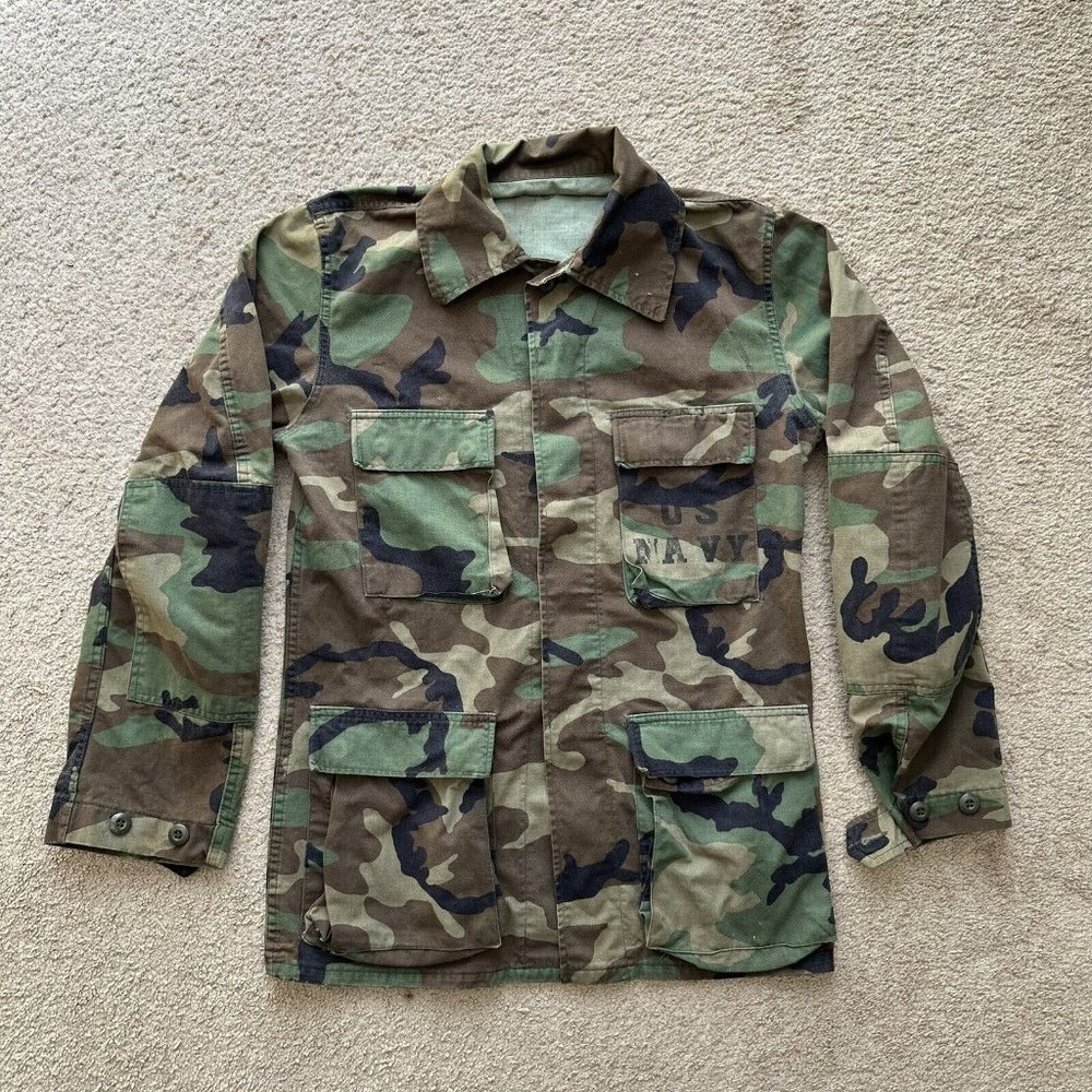 Combat Coat Mens Medium Long Woodland Camo Button Up Military